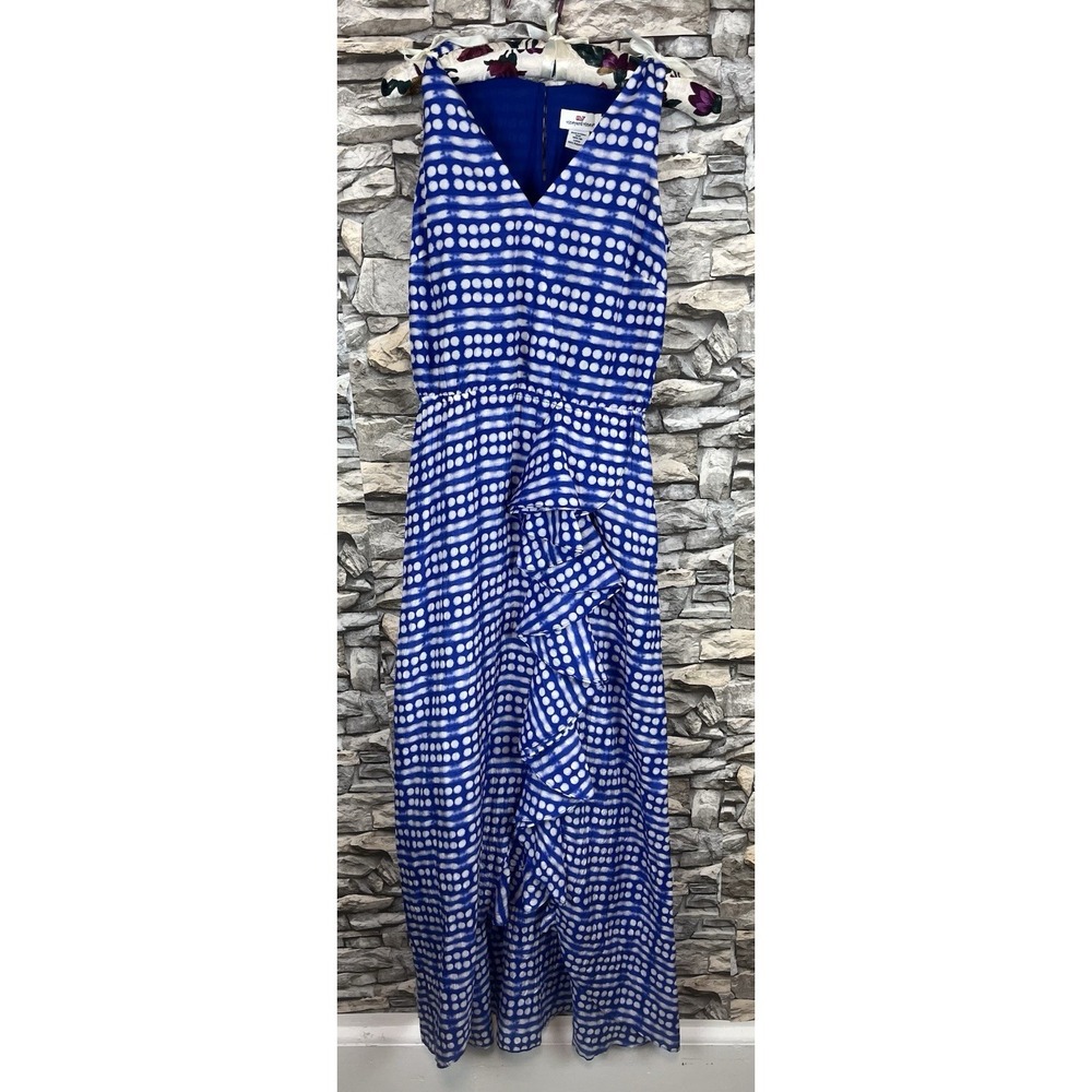 Vineyard Vines‎ Blue And White 100% Silk Ruffled Maxi Dress Size 0